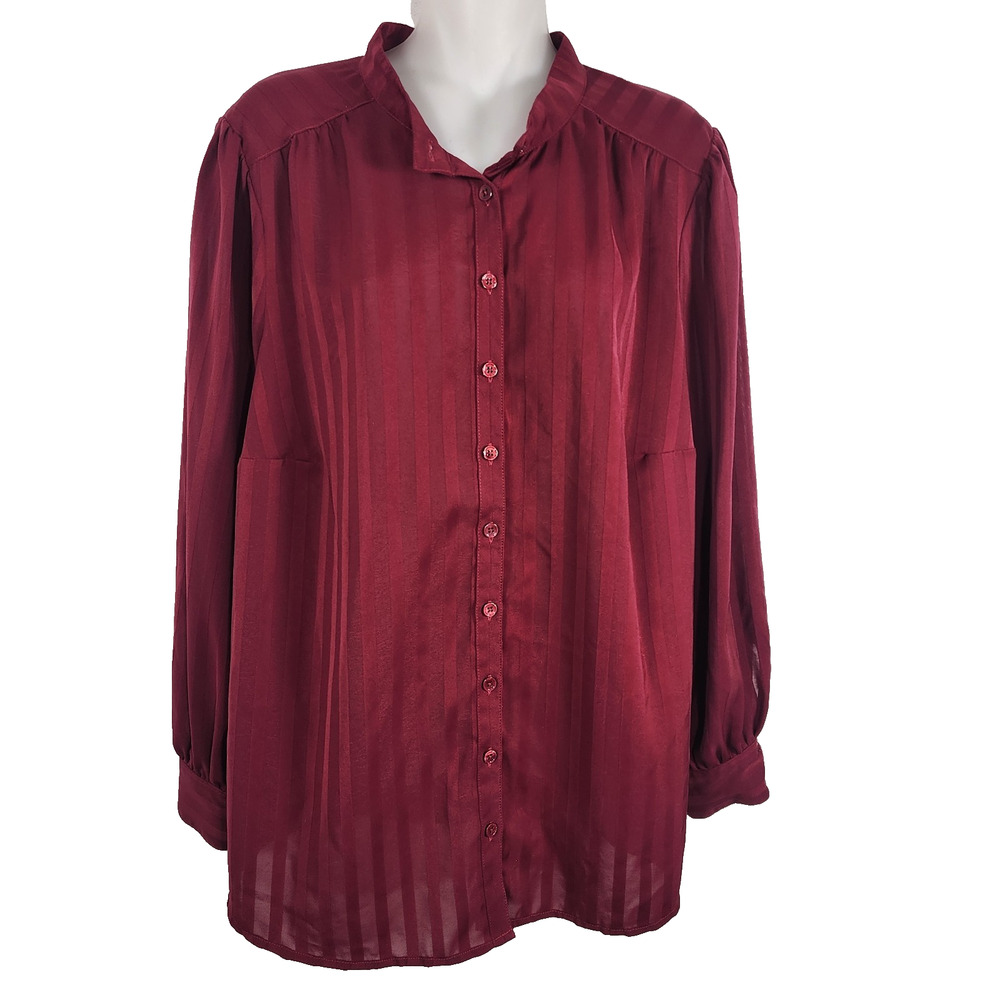 ModCloth Womens Shirt Striped Button Front Burgundy Long Sleeve Semi Sheer 1X